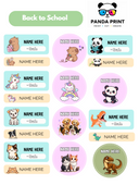 A digital preview sheet for customizable back-to-school name stickers. The sheet features a green header that reads 'Back to School' and the brand logo 'PANDA PRINT' at the top right.