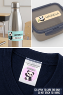 Three product views showing a custom fabric care tag with a panda illustration and the name 'ANTONELLA' applied to different items: a stainless steel water bottle, a plastic lunch box, and a navy sweater. A care instructions label is also shown on the sweater collar, with text noting it should be applied only to fabric.